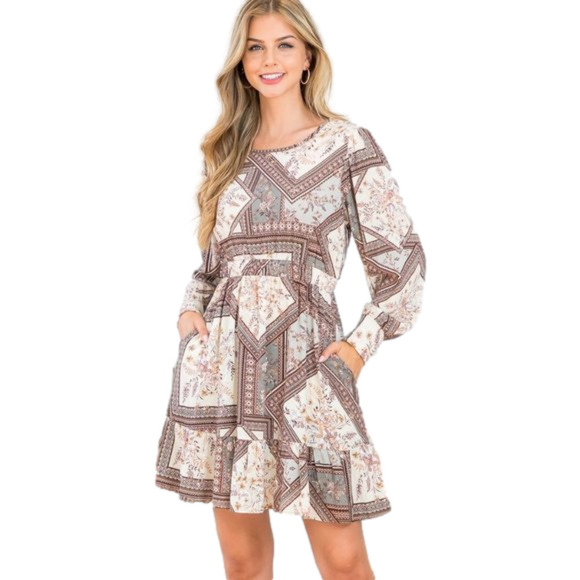 Nwt MISS YOU Tile Floral Long Sleeve Boho Dress in S, M, L - Picture 1 of 12